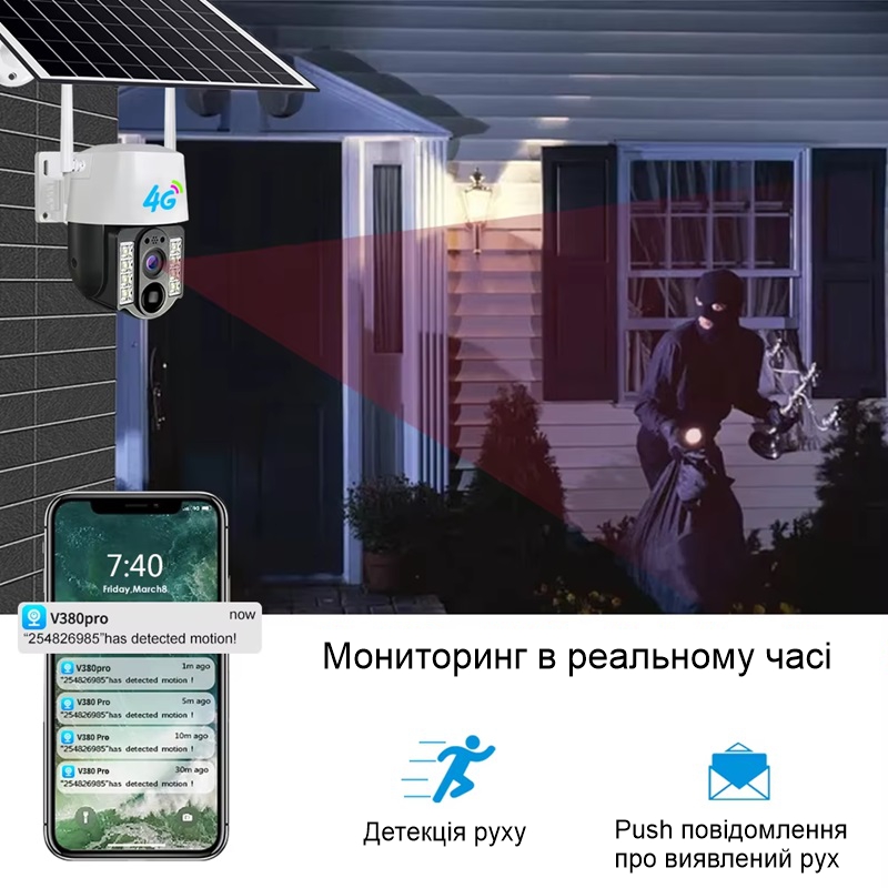 Автономна вулична 4G камера відеоспостереження поворотна PTZ із сонячною панеллю Nectronix VC3-G, V380 pro — фото 6