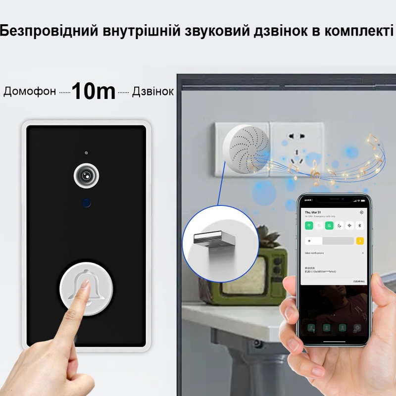 Відеодомофон Wifi на батарейках ААА з окремим бездротовим USB дзвінком Nectronix YE-B-01 — фото 2
