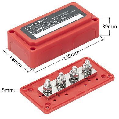 Распределительный блок с шиной Heavy Duty Bus Bar с 4мя шпильками М10 для соединения кабелей 48V DC, до 300A (красный)