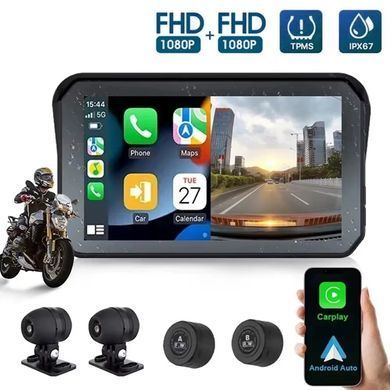 Відеореєстратор для мотоцикла + GPS навігатор 5 в 1: CarPlay / Android Auto + датчики тиску в шинах Nectronix M552